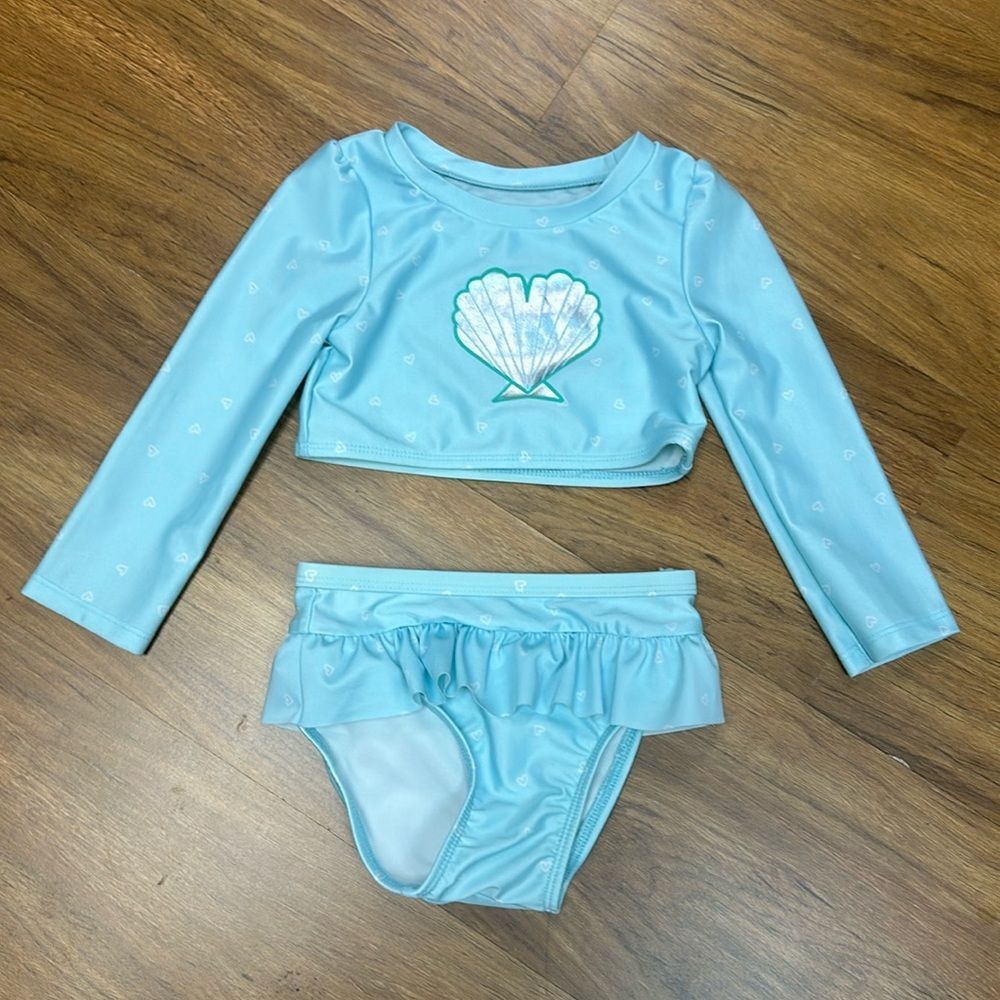 Cat & Jack Baby Girls 2 Piece Swim Suit Blue Seashell Long Sleeve Ruffle Sz 2T